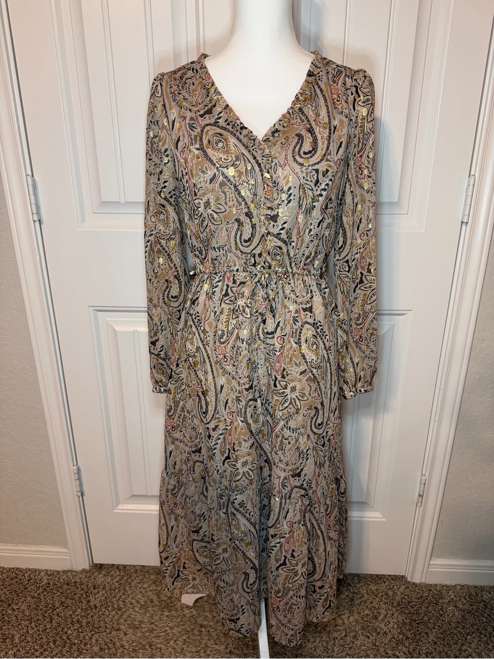 LOFT Paisley Midi Dress Small Gold Metallic Long Sleeve Boho Feminine